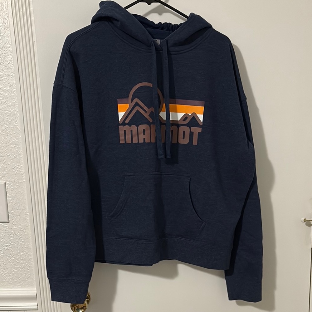 Marmot Dark Blue Hoodie with Yellow and Orange Stripes